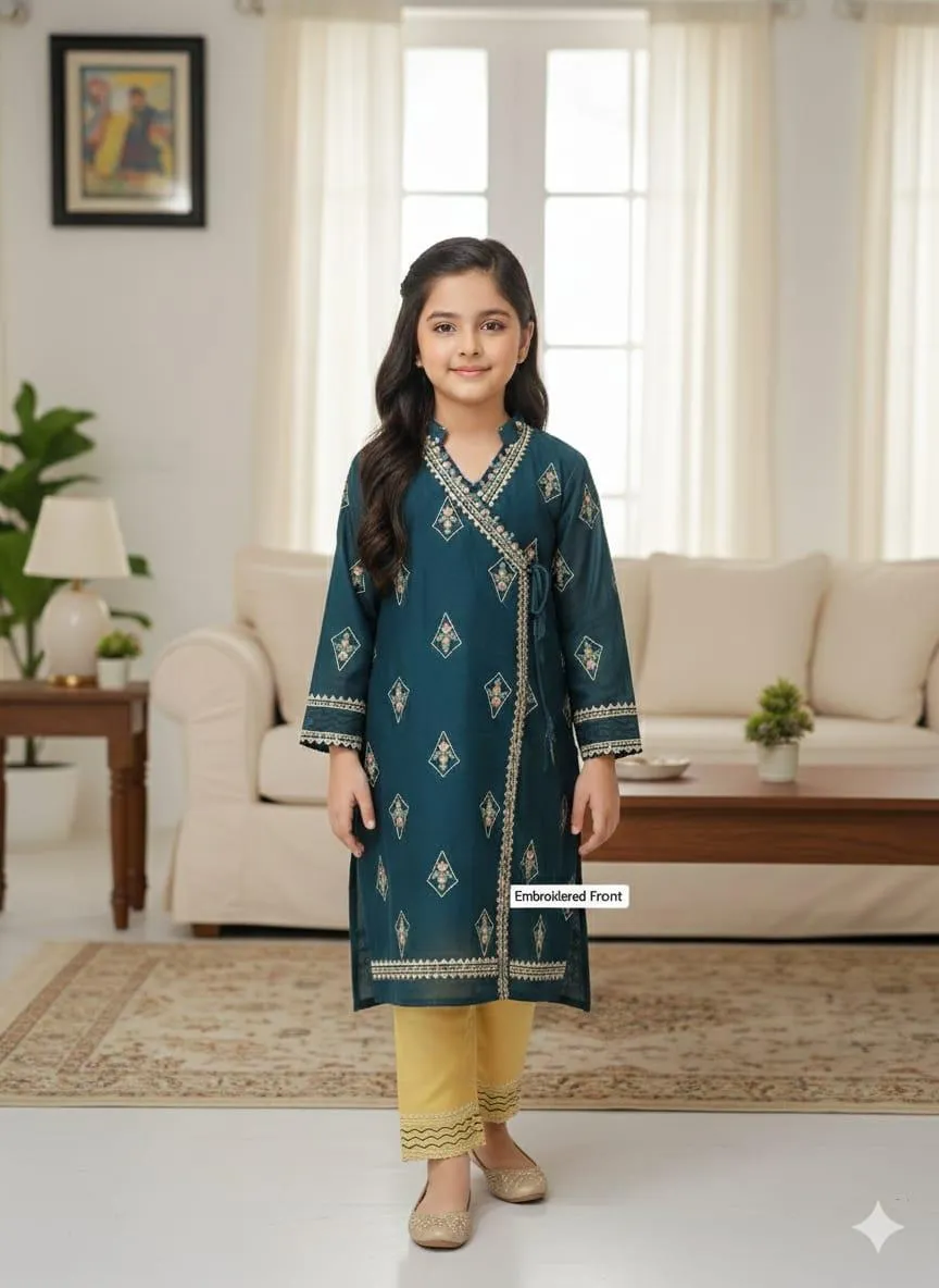 2 Pcs Girls Lawn Embroidered Unstitched Suit – Green | Shirt & Trouser (1–10 Years)