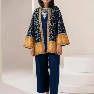 3 Pcs Women's Stitched Blue Cotton Embroidered Gown Suit with Shirt and Trouser