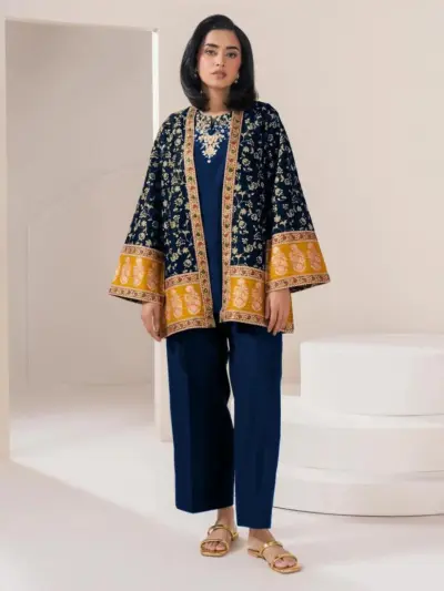 3 Pcs Women's Stitched Blue Cotton Embroidered Gown Suit with Shirt and Trouser