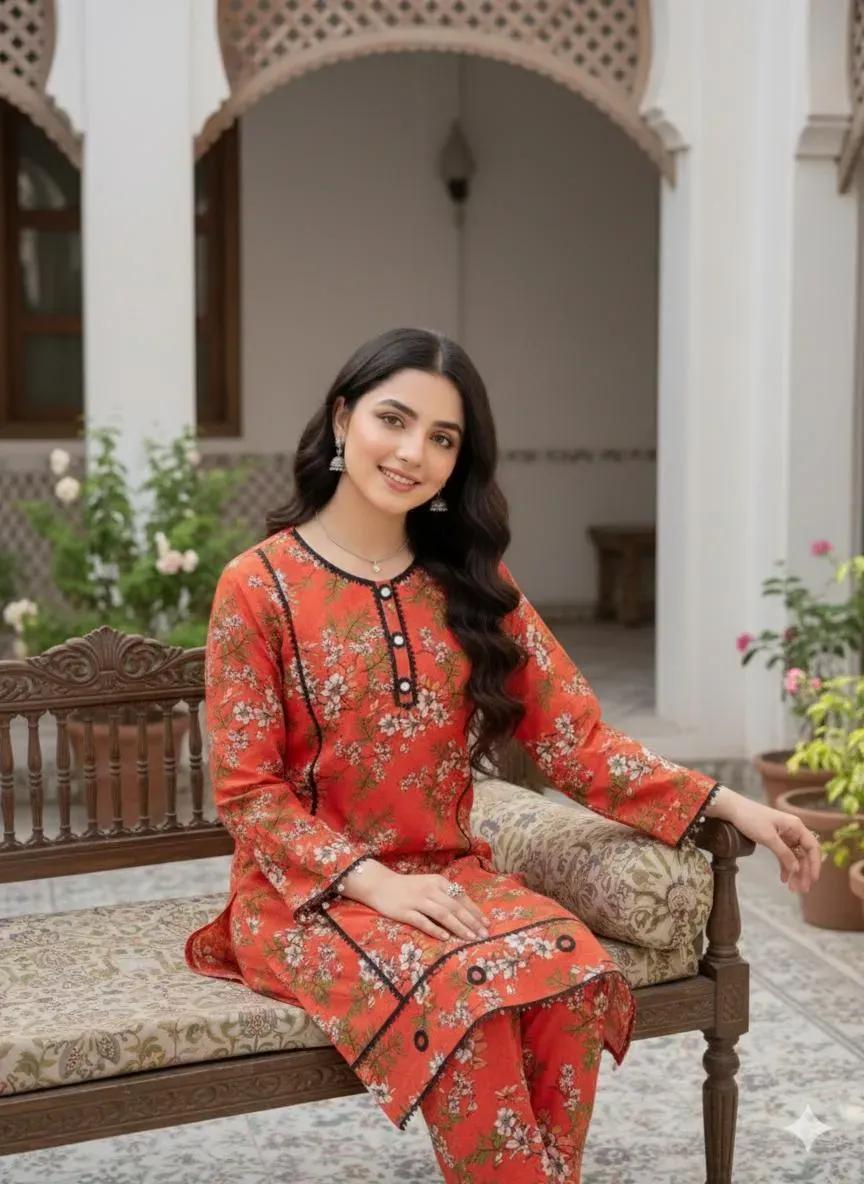 2 Pcs Women's Stitched Orange Linen Printed Shirt and Trouser – Standard Size