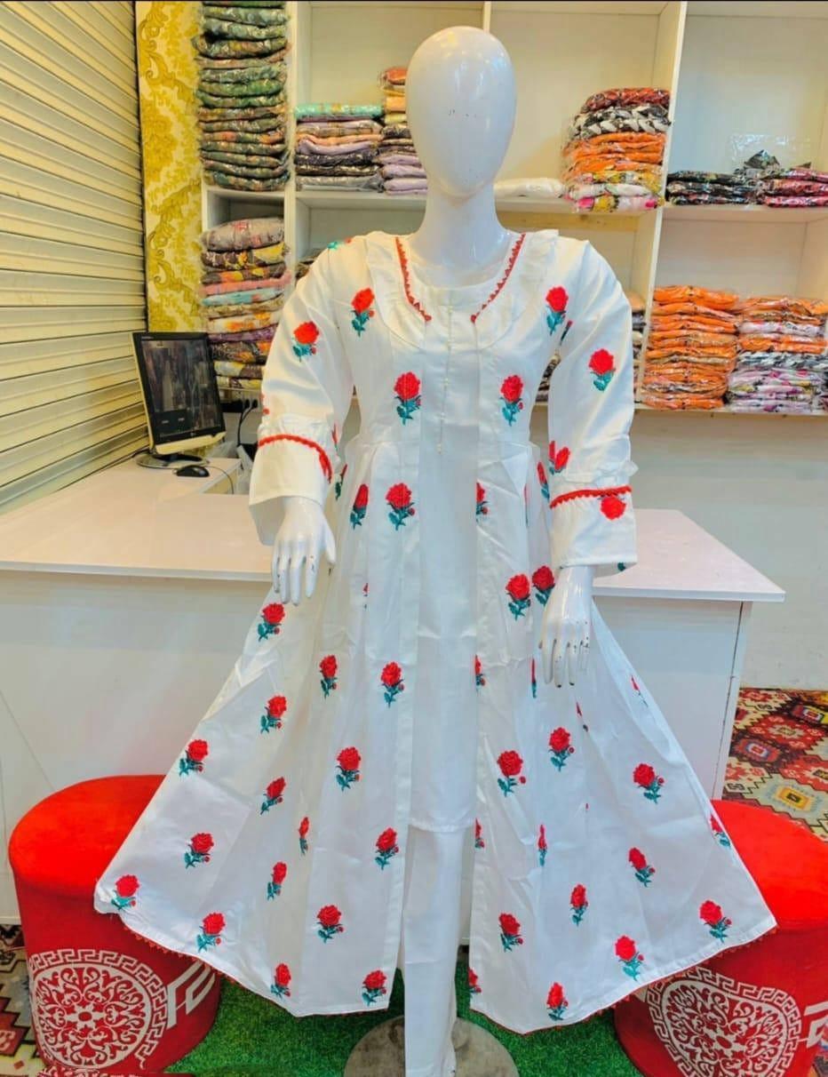 Women's Stitched Gown Suit Set 3 Pcs White Katan Silk Embroidered Dress with Trouser – Medium & Large