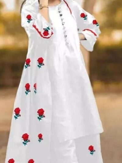Women's Stitched Gown Suit Set 3 Pcs White Katan Silk Embroidered Dress with Trouser – Medium & Large