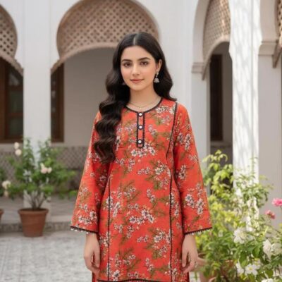 2 Pcs Women's Stitched Orange Linen Printed Shirt and Trouser – Standard Size