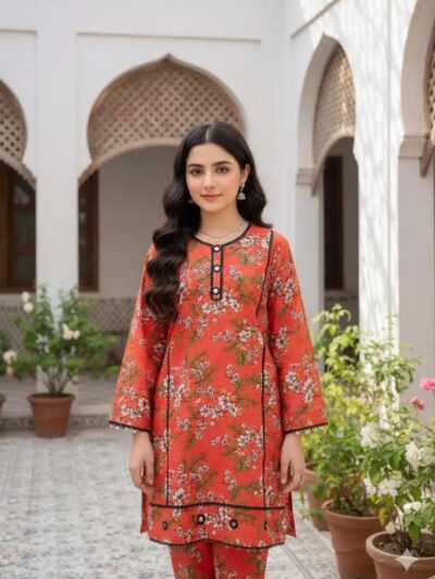 2 Pcs Women's Stitched Orange Linen Printed Shirt and Trouser – Standard Size