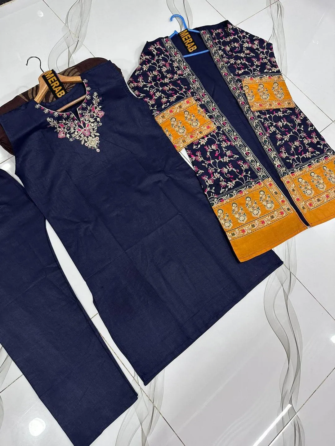 3 Pcs Women's Stitched Blue Cotton Embroidered Gown Suit with Shirt and Trouser