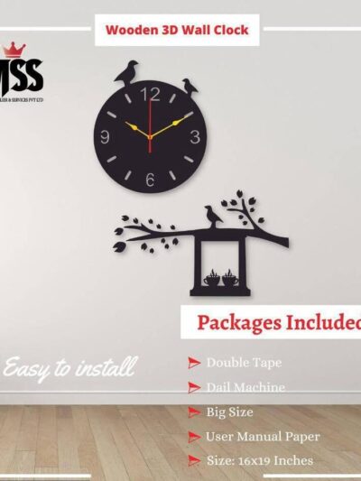 Analog Wooden 3D Wall Clock Home Decor Black 16 x 20 Inches