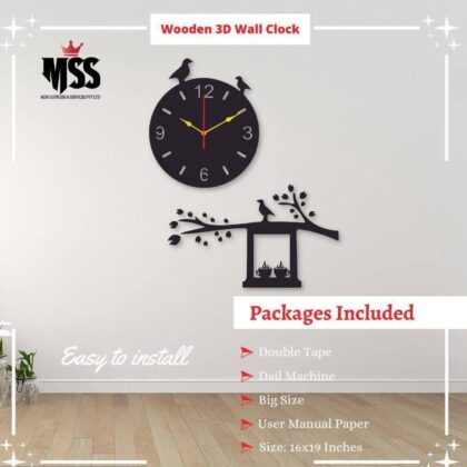 Analog Wooden 3D Wall Clock Home Decor Black 16 x 20 Inches
