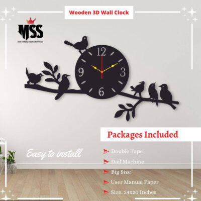 Analog Stylish 3D Birds MDF Wall Clock 24 x 12 Inches Home Decor