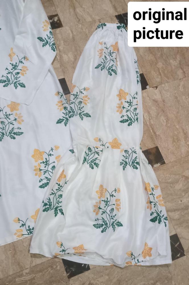 2 Pcs Women's Stitched White Linen Printed Shirt and Trouser – Medium