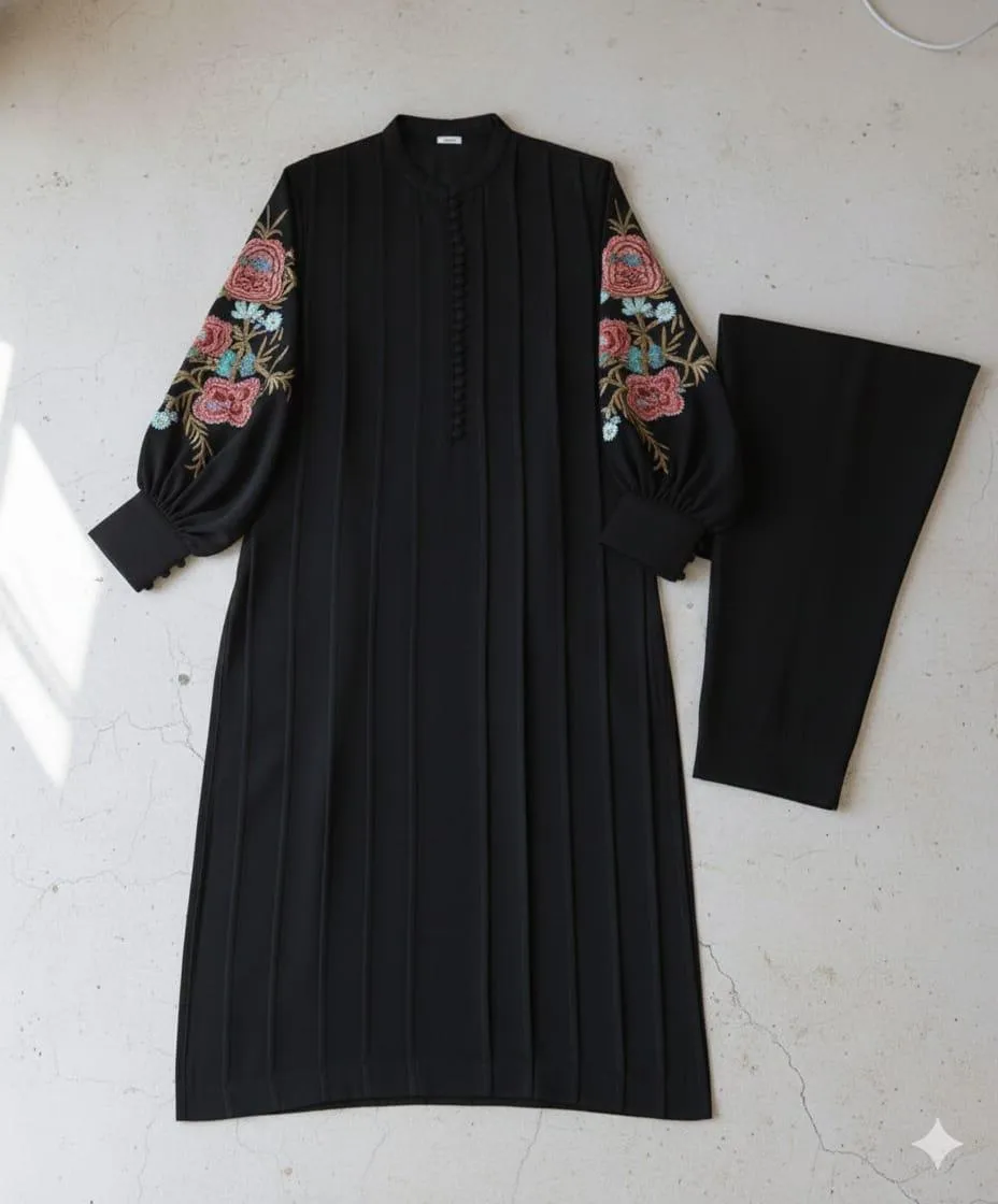 Stylish Women's Stitched 2 Pcs Black Linen Embroidered Shirt and Plain Trouser Set – Small, Medium, Large