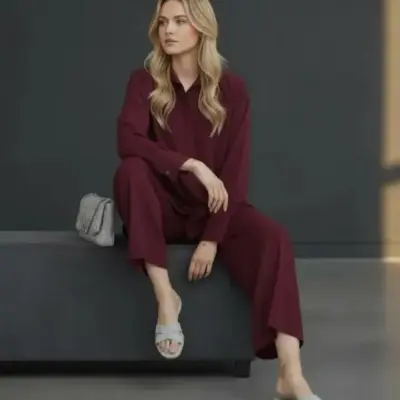 2 Pcs Women's Stitched Maroon Georgette Plain Shirt and Trouser Set