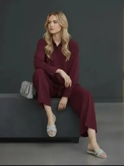 2 Pcs Women's Stitched Maroon Georgette Plain Shirt and Trouser Set