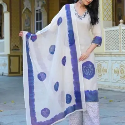 3 Pcs Women's Stitched Blue Lawn Printed Suit with Dupatta