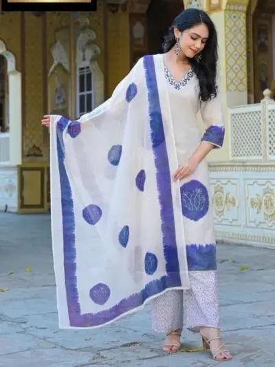3 Pcs Women's Stitched Blue Lawn Printed Suit with Dupatta