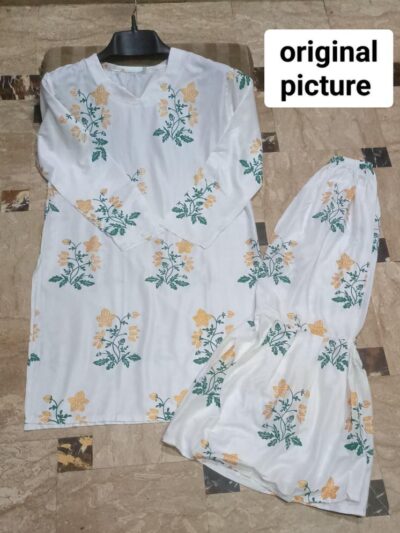 2 Pcs Women's Stitched White Linen Printed Shirt and Trouser – Medium