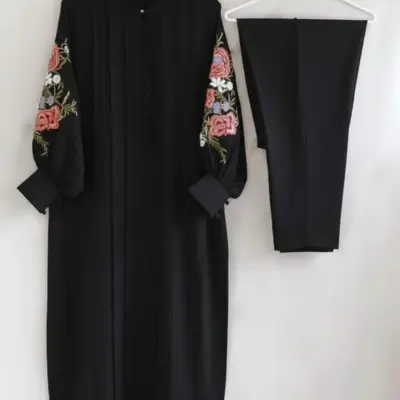 Stylish Women's Stitched 2 Pcs Black Linen Embroidered Shirt and Plain Trouser Set – Small, Medium, Large