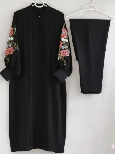 Stylish Women's Stitched 2 Pcs Black Linen Embroidered Shirt and Plain Trouser Set – Small, Medium, Large