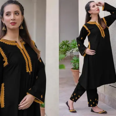2 Pcs Women's Stitched Black Linen Embroidered Shirt and Trouser – U-Neck Standard Size