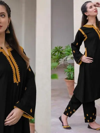 2 Pcs Women's Stitched Black Linen Embroidered Shirt and Trouser – U-Neck Standard Size