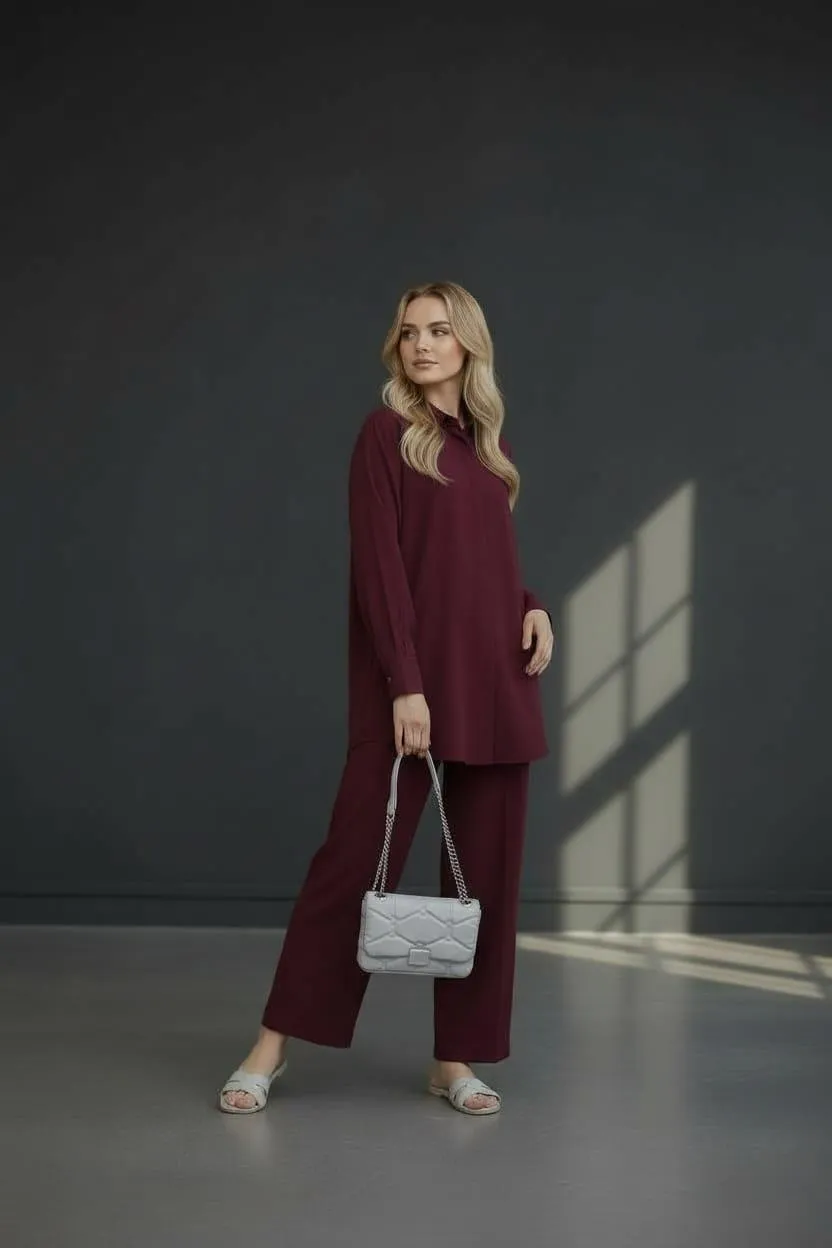 2 Pcs Women's Stitched Maroon Georgette Plain Shirt and Trouser Set