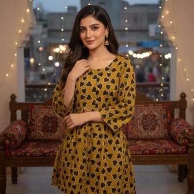 2 Pcs Women's Stitched Brown Linen Printed Frock and Trouser – Standard Size