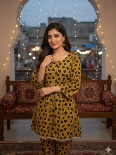 2 Pcs Women's Stitched Brown Linen Printed Frock and Trouser – Standard Size