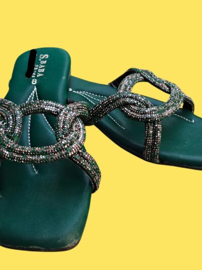 Women's Green Satin Formal Flats with Rhinestone Pattern – Sizes 6 to 10
