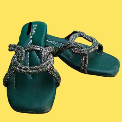Women's Green Satin Formal Flats with Rhinestone Pattern – Sizes 6 to 10