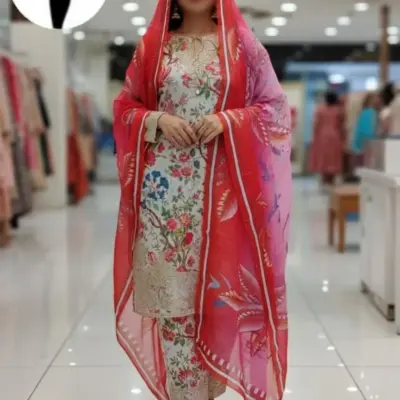 3 Pcs Women's Stitched Multicolor Crinkle Chiffon Printed Suit with Dupatta