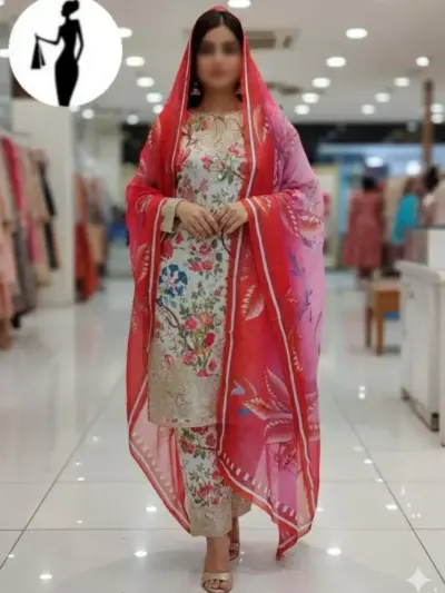 3 Pcs Women's Stitched Multicolor Crinkle Chiffon Printed Suit with Dupatta