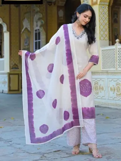 3 Pcs Women's Stitched Purple Lawn Printed Suit with Chiffon Dupatta