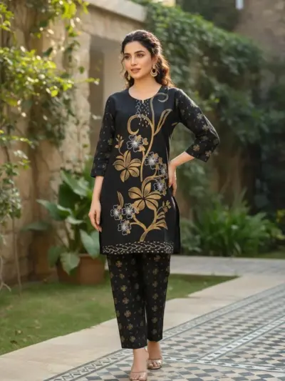 Eid Collection 2 Pcs Women's Stitched Black Cotton Lawn Printed Shirt and Trouser Set