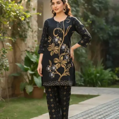 Eid Collection 2 Pcs Women's Stitched Black Cotton Lawn Printed Shirt and Trouser Set