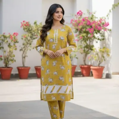 Stylish Women's Stitched 2 Pcs Yellow Printed Crystal Wool Shirt and Plain Cotton Trouser Set – Small, Medium, Large