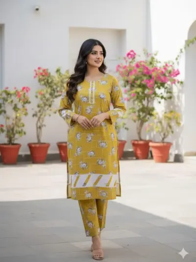 Stylish Women's Stitched 2 Pcs Yellow Printed Crystal Wool Shirt and Plain Cotton Trouser Set – Small, Medium, Large