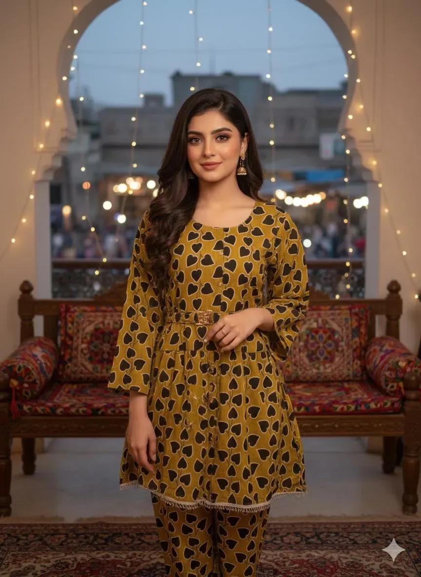 2 Pcs Women's Stitched Brown Linen Printed Frock and Trouser – Standard Size