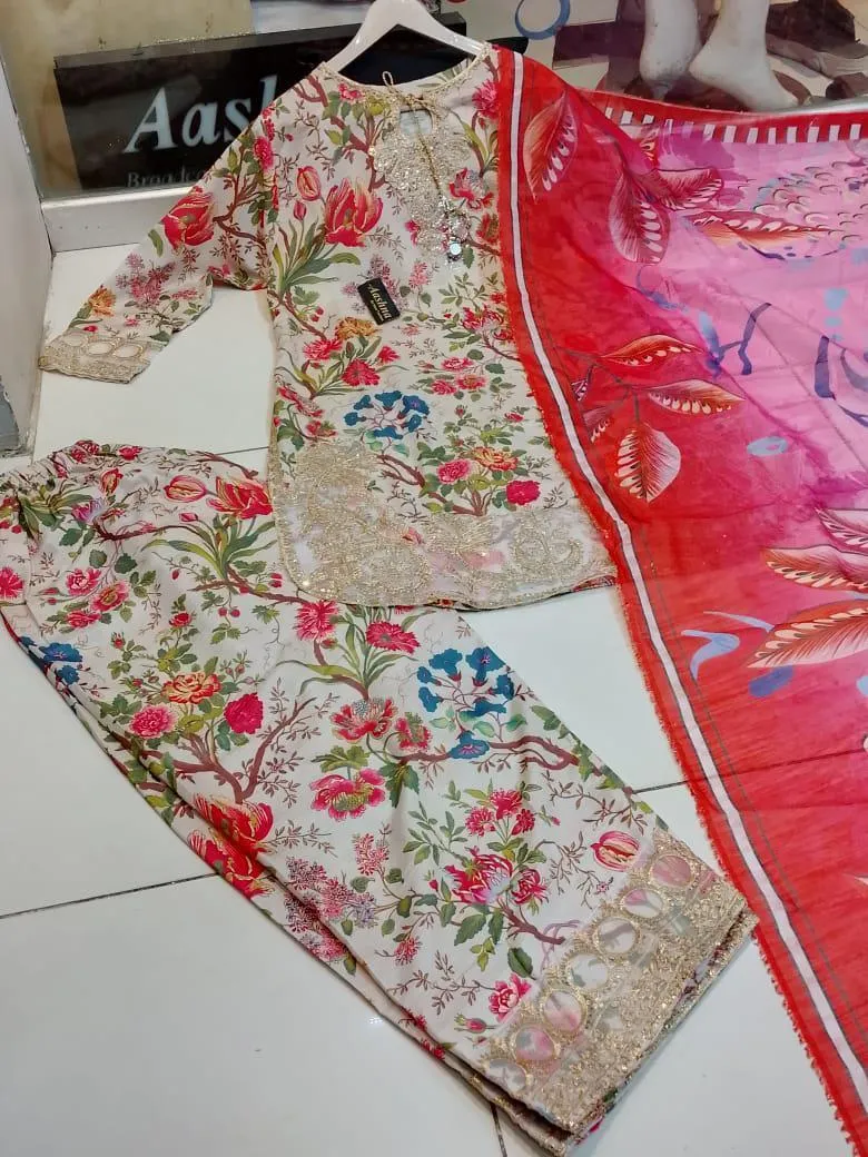 3 Pcs Women's Stitched Multicolor Crinkle Chiffon Printed Suit with Dupatta