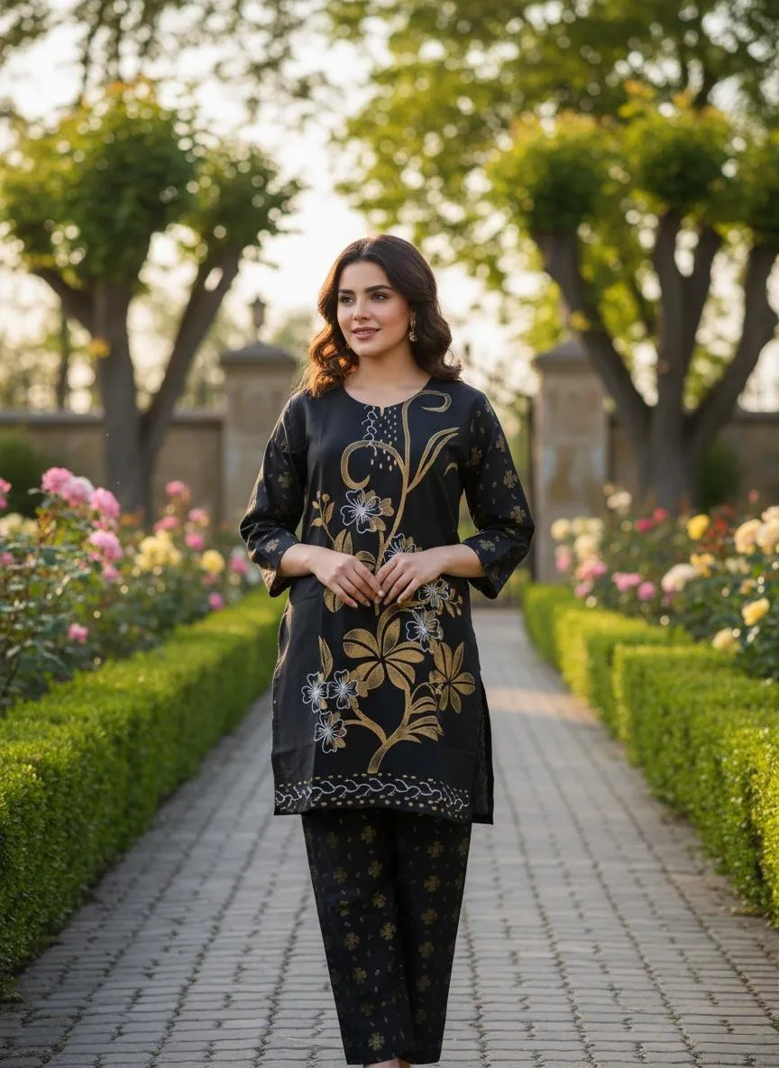 Eid Collection 2 Pcs Women's Stitched Black Cotton Lawn Printed Shirt and Trouser Set
