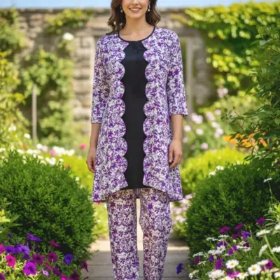 Eid Collection 2 Pcs Women's Stitched Multicolor Cotton Lawn Printed Shirt and Trouser Set