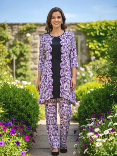 Eid Collection 2 Pcs Women's Stitched Multicolor Cotton Lawn Printed Shirt and Trouser Set