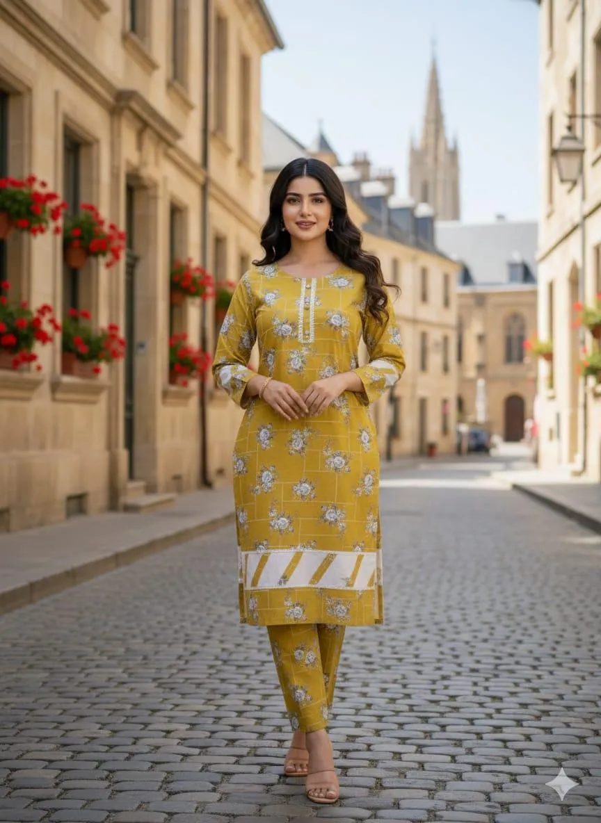 Stylish Women's Stitched 2 Pcs Yellow Printed Crystal Wool Shirt and Plain Cotton Trouser Set – Small, Medium, Large