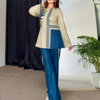 2 Pcs Women's Stitched Blue Swiss Lawn Printed Shirt and Trouser Set