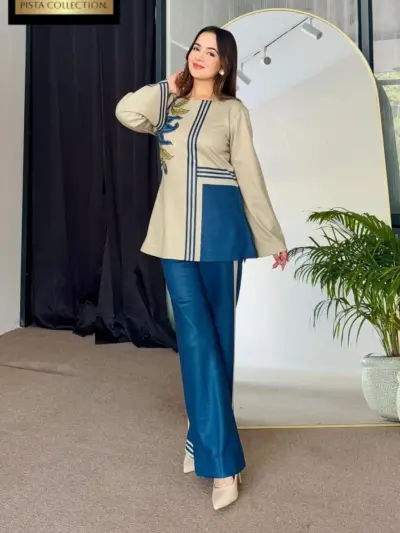 2 Pcs Women's Stitched Blue Swiss Lawn Printed Shirt and Trouser Set