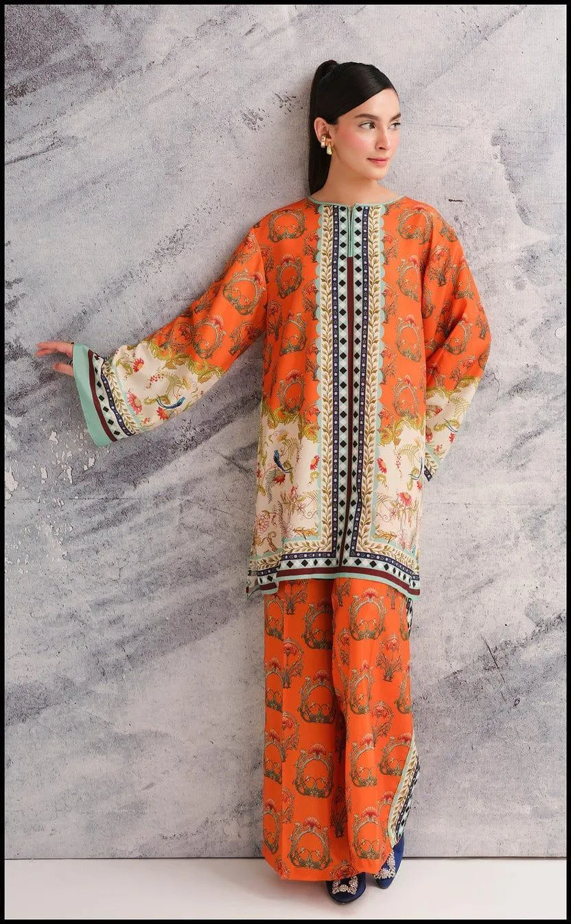 2 Pcs Women's Stitched Orange Swiss Lawn Printed Shirt and Trouser Set