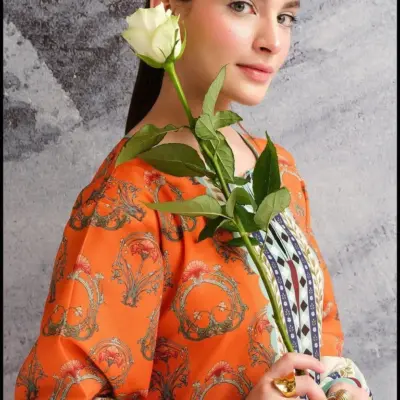 2 Pcs Women's Stitched Orange Swiss Lawn Printed Shirt and Trouser Set