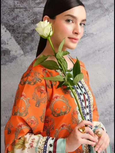 2 Pcs Women's Stitched Orange Swiss Lawn Printed Shirt and Trouser Set