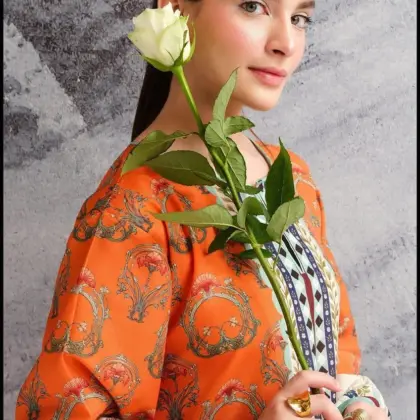 2 Pcs Women's Stitched Orange Swiss Lawn Printed Shirt and Trouser Set
