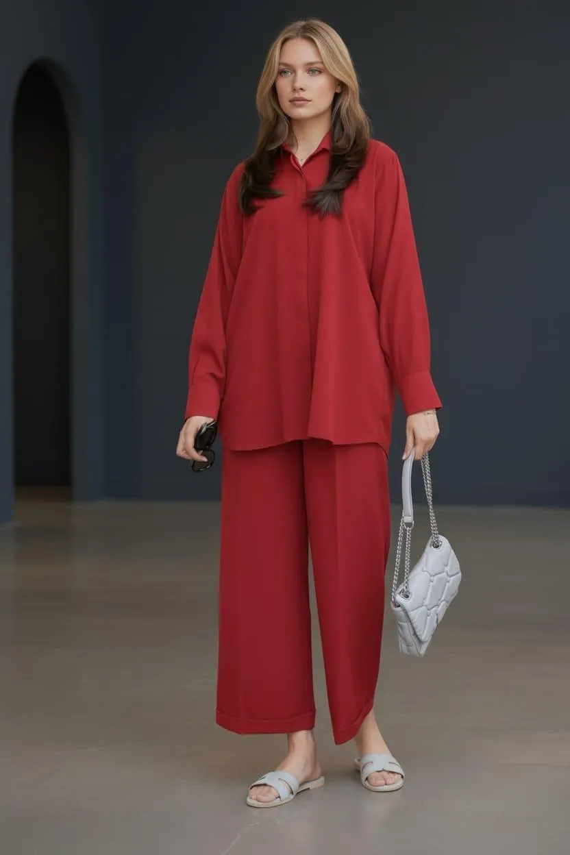 2 Pcs Women's Stitched Red Georgette Plain Shirt and Trouser Set