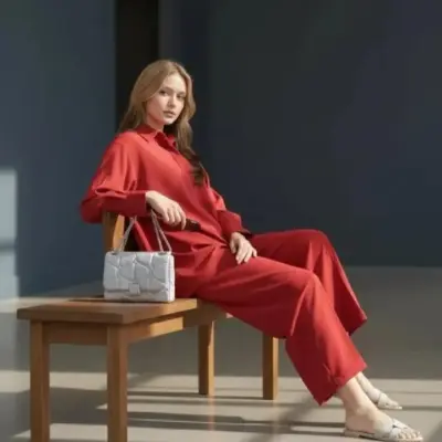 2 Pcs Women's Stitched Red Georgette Plain Shirt and Trouser Set