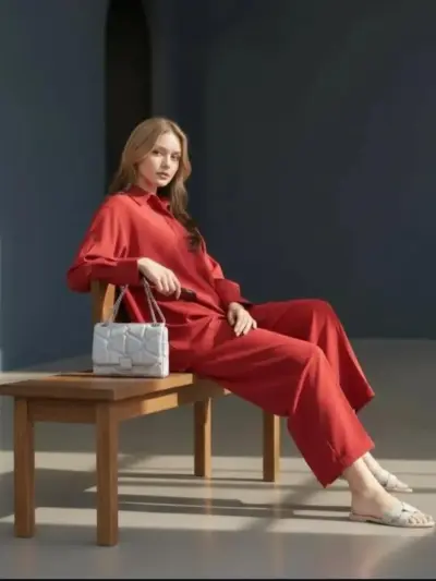 2 Pcs Women's Stitched Red Georgette Plain Shirt and Trouser Set